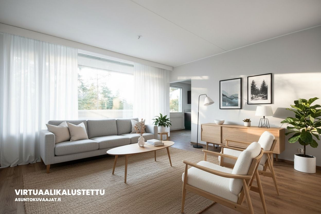 Virtuaalikalustus – digitaalisesti kalustettu olohuone asuntokuvassa